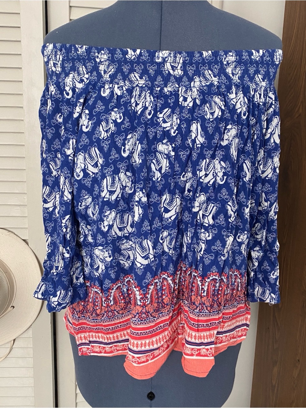 Off-Shoulder Blue & Coral Elephant Printed Peasant Top